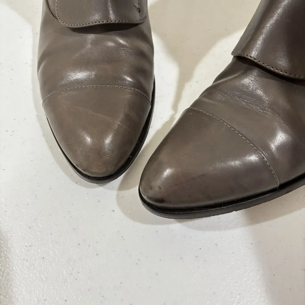 J Crew Leather Ankle Booties Gold Buckles Taupe Gray Women  8.5 Italy Equestrian